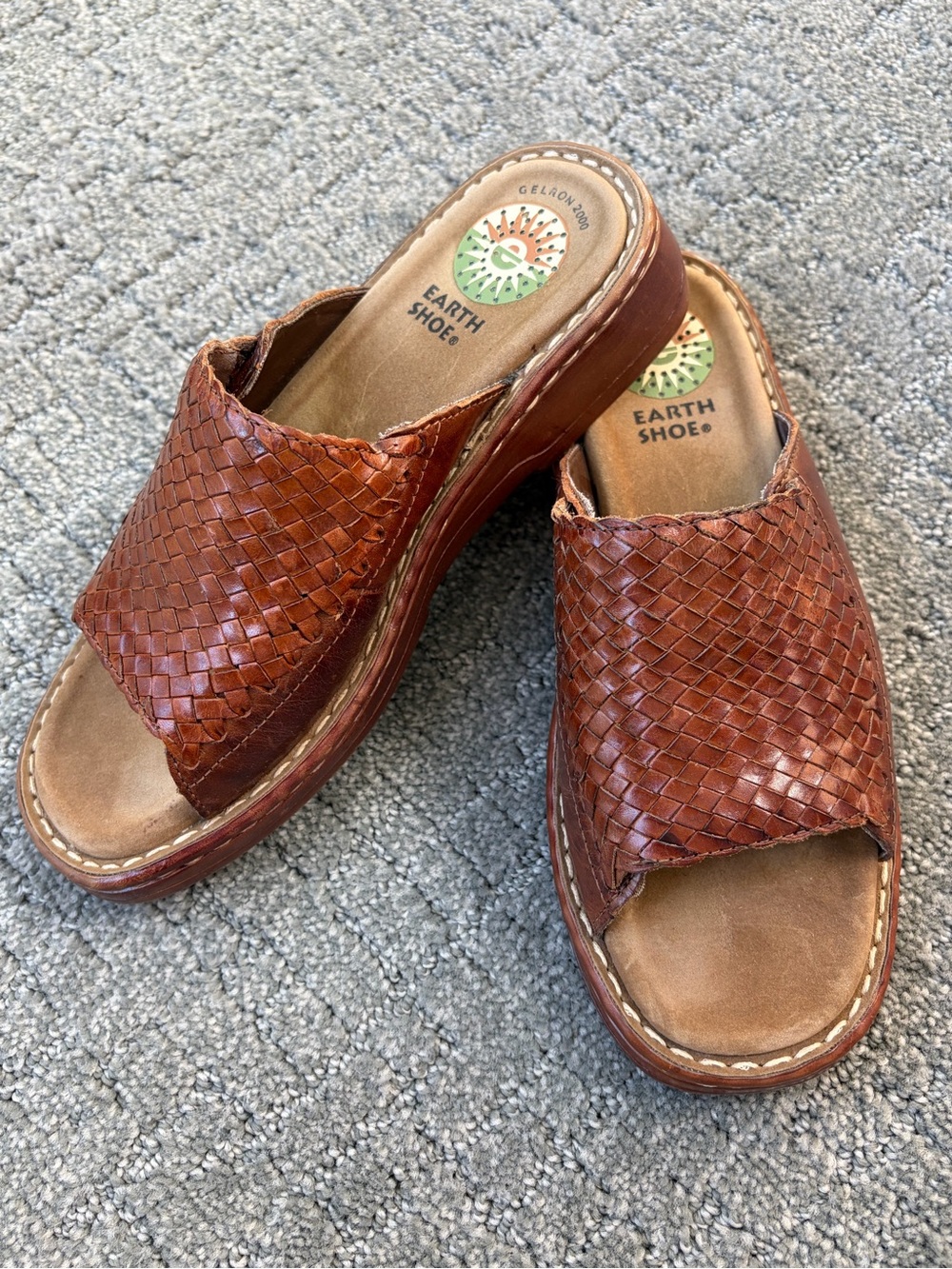 Earth Shoe Gelron 2000 Brown Woven Leather Slide-On Sandals Women’s Size 6.5